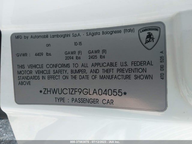 2016 Lamborghini Huracan, VIN: ZHWUC1ZF9GLA04055