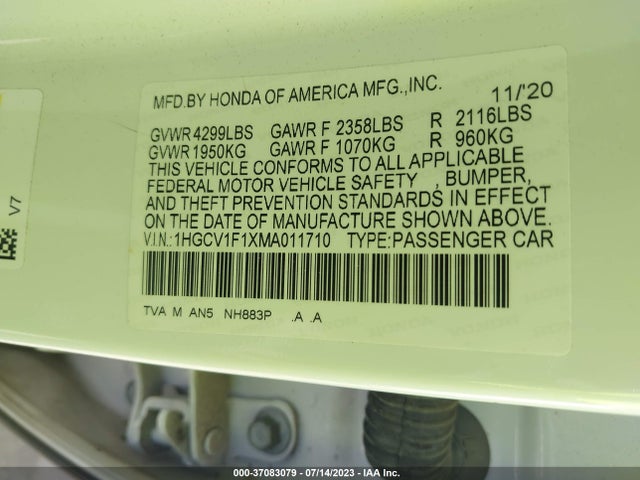 2021 HONDA ACCORD SEDAN LX VIN: 1HGCV1F1XMA011710
