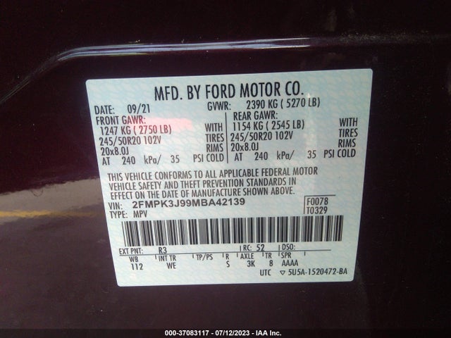 2021 FORD EDGE SEL/ST-LINE VIN: 2FMPK3J99MBA42139