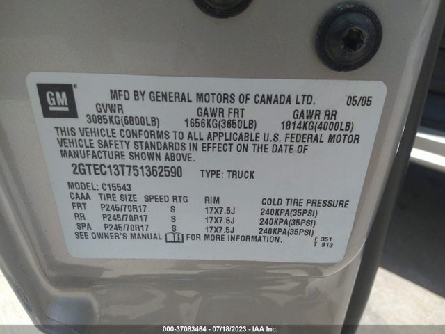 2005 GMC SIERRA 1500 SLE VIN: 2GTEC13T751362590