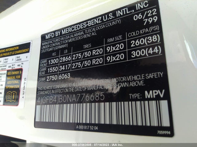 2022 MERCEDES-BENZ GLE GLE 350 VIN: 4JGFB4JB0NA776685