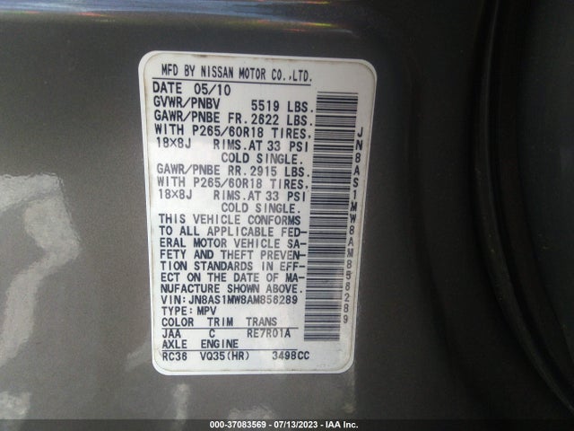 2010 INFINITI FX35 VIN: JN8AS1MW8AM856289