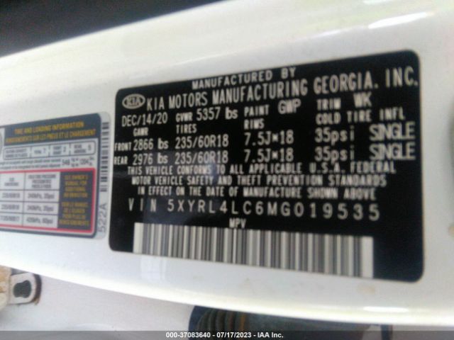 5XYRL4LC6MG019535 KIA SORENTO S