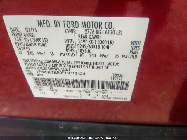 2015 FORD EXPLORER BASE VIN: 1FM5K7B89FGC13424