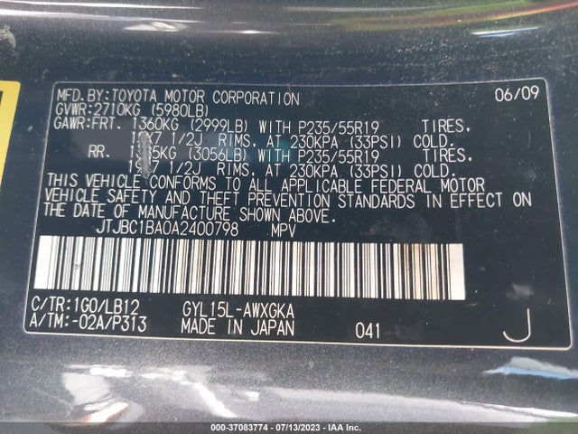 37083774 :رقم المزاد ، JTJBC1BA0A2400798 vin ، 2010 Lexus Rx 450h مزاد بيع