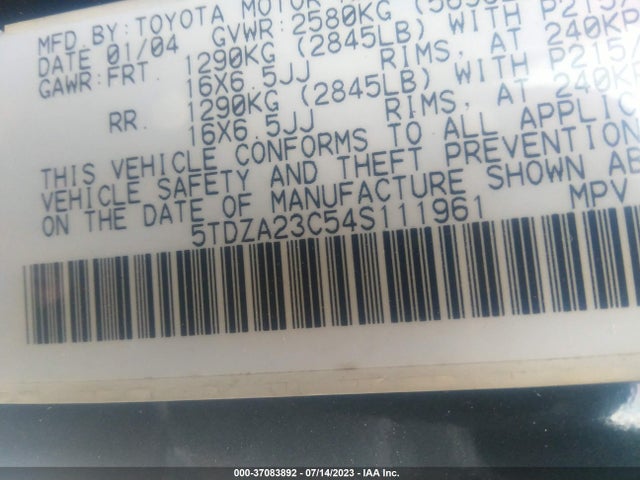 2004 TOYOTA SIENNA CE/LE VIN: 5TDZA23C54S111961