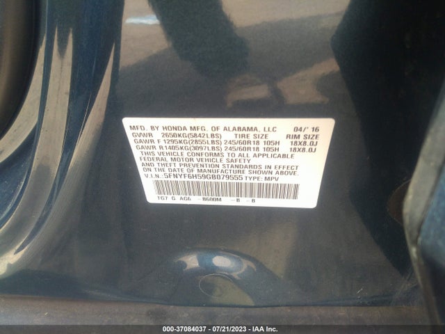 Honda Pilot Ex-l 2016 5FNYF6H59GB079555 Image 9