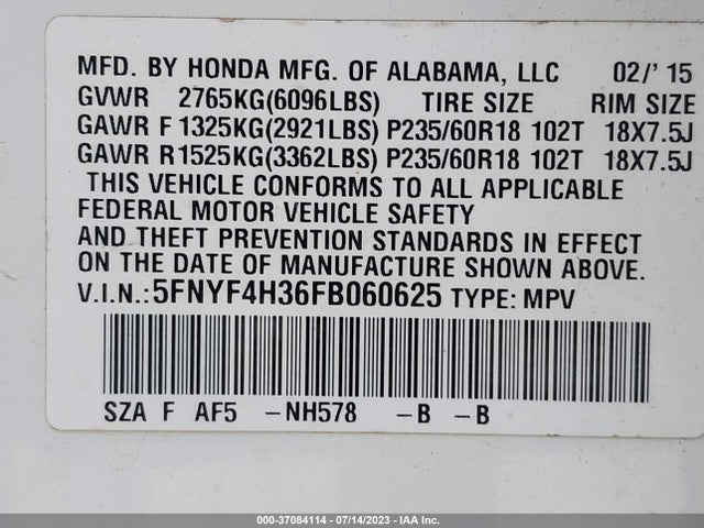 Honda PILOT SE 2015 5FNYF4H36FB060625 Image 9