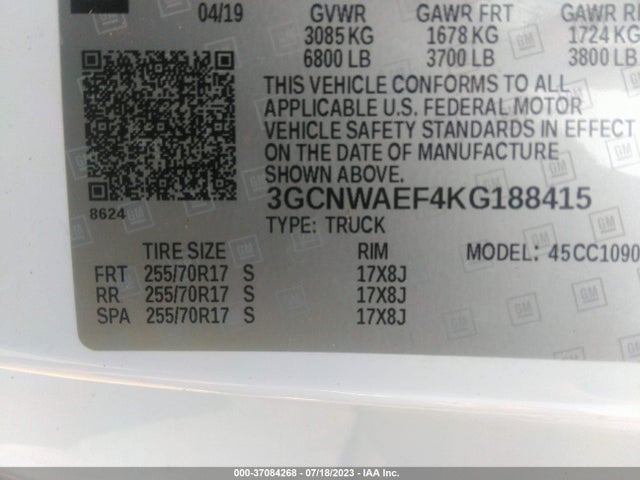 2019 CHEVROLET SILVERADO 1500 WORK TRUCK VIN: 3GCNWAEF4KG188415