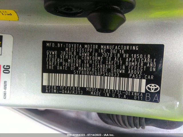 Toyota Corolla L/le/s/s Plus/le Plus 2016 5YFBURHE6GP540633 Image 16