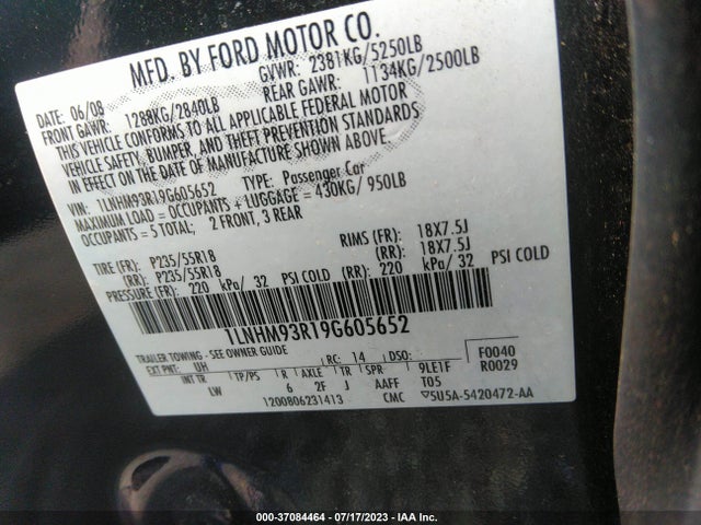 2009 LINCOLN MKS VIN: 1LNHM93R19G605652