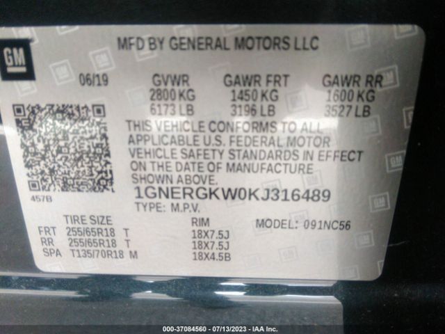 1GNERGKW0KJ316489 Chevrolet Traverse 1lt