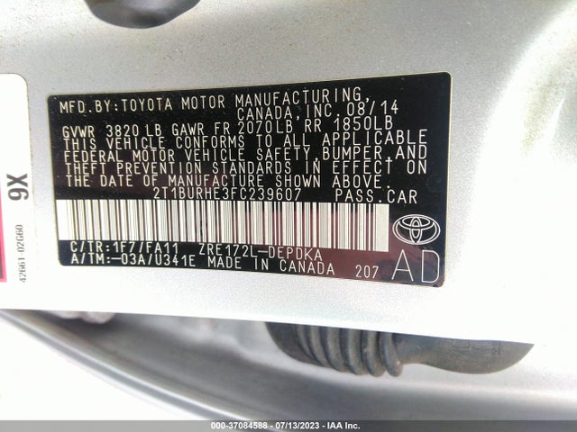 2015 TOYOTA COROLLA L/LE/S/S PLUS/LE PLUS VIN: 2T1BURHE3FC239607