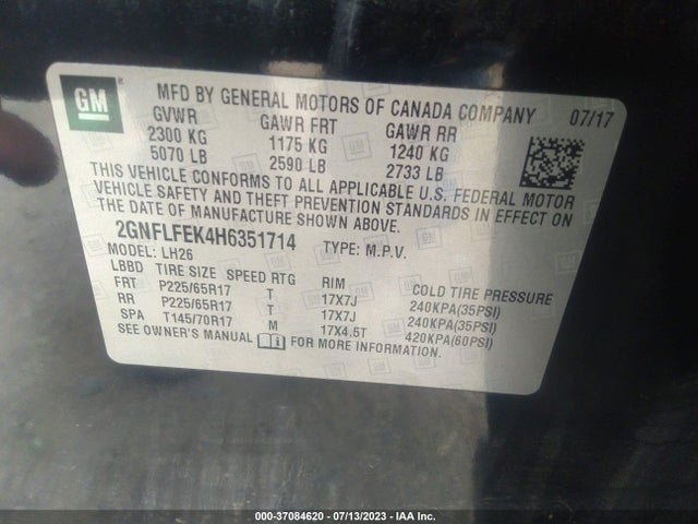 2017 CHEVROLET EQUINOX LT VIN: 2GNFLFEK4H6351714