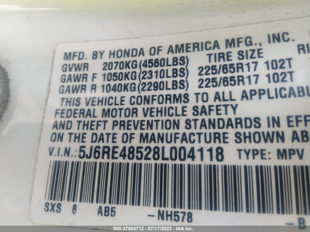 2008 HONDA CR-V EX VIN: 5J6RE48528L004118