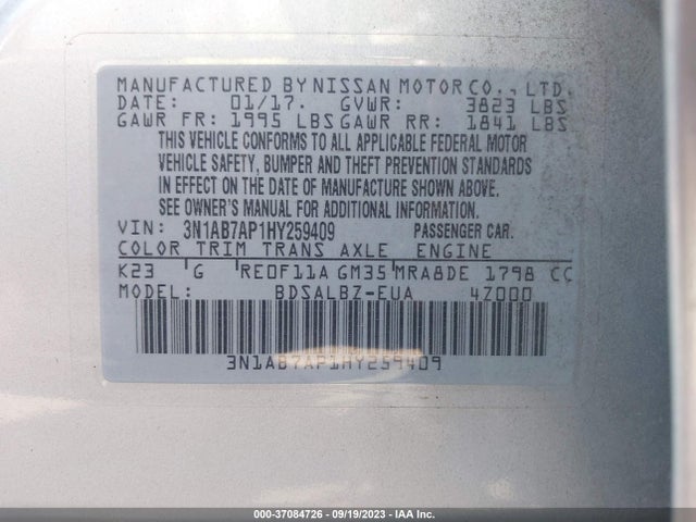 2017 NISSAN SENTRA S VIN: 3N1AB7AP1HY259409