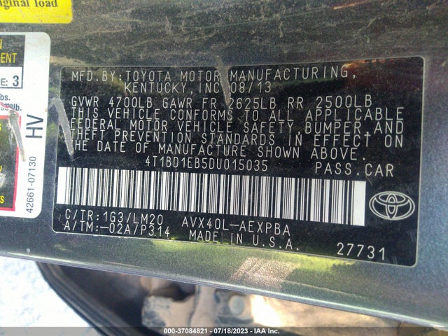 2013 TOYOTA AVALON HYBRID XLE PREMIUM VIN: 4T1BD1EB5DU015035