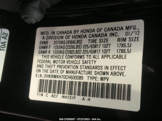 2012 HONDA CR-V EX-L VIN: 2HKRM4H70CH600089
