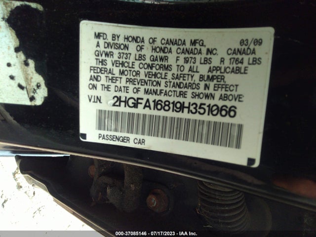 2009 HONDA CIVIC SDN EX VIN: 2HGFA16819H351066
