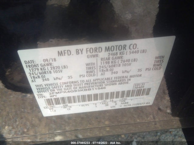 2019 FORD EDGE SE VIN: 2FMPK4G93KBB11546