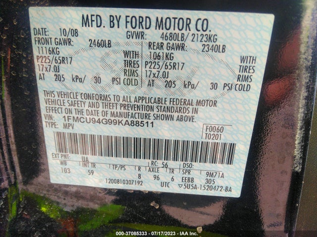 2009 FORD ESCAPE LIMITED VIN: 1FMCU94G99KA88511
