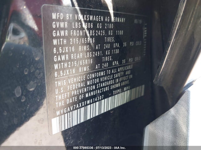 WVGAV7AXXFW614307 Volkswagen TIGUAN S
