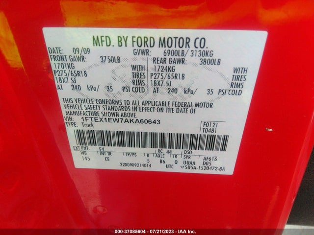 2010 FORD F-150 XL/STX VIN: 1FTEX1EW7AKA60643