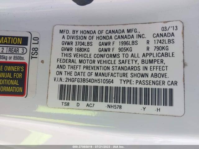 2013 HONDA CIVIC CPE LX VIN: 2HGFG3B54DH510564