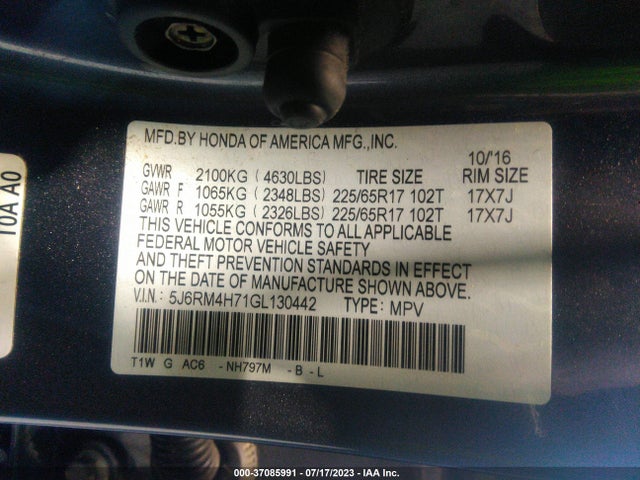 2016 HONDA CR-V EX-L VIN: 5J6RM4H71GL130442
