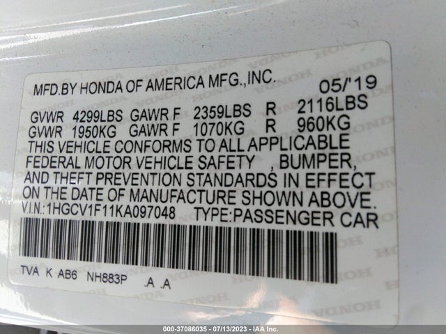 2019 HONDA ACCORD SEDAN LX 1.5T VIN: 1HGCV1F11KA097048