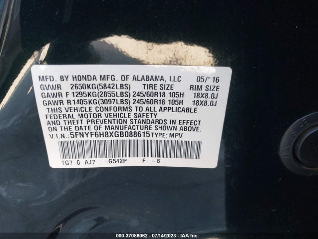 Honda Pilot Ex-l 2016 5FNYF6H8XGB088615 Image 9