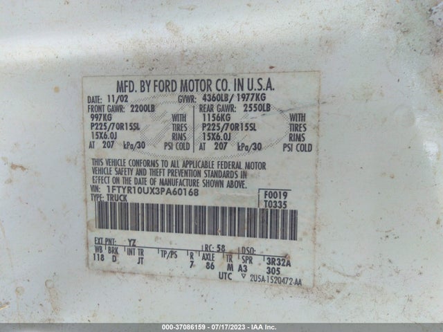 2003 FORD RANGER XL/XLT/EDGE VIN: 1FTYR10UX3PA60168