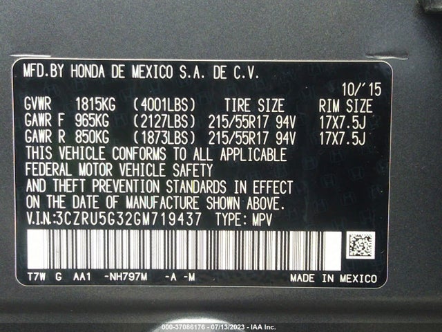 Honda HR-V LX 2016 3CZRU5G32GM719437 Image 9