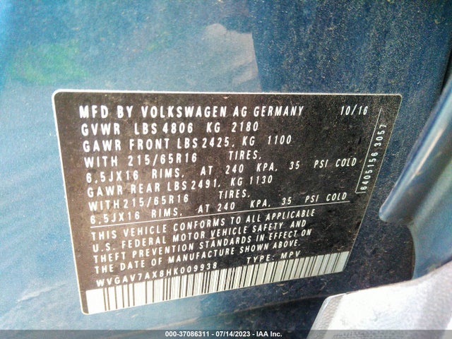 WVGAV7AX8HK009938 Volkswagen TIGUAN