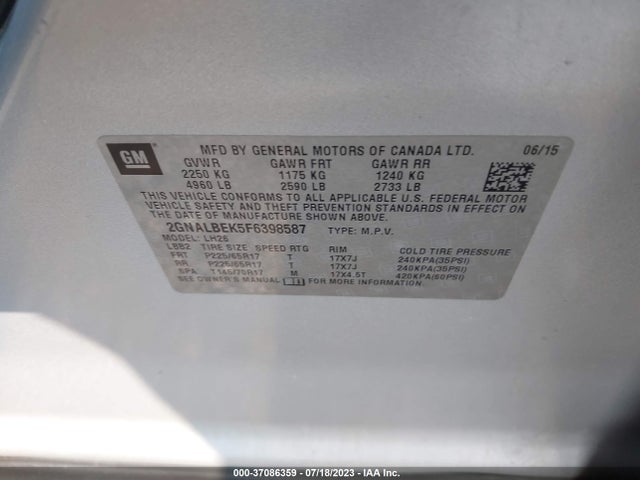 Chevrolet EQUINOX LT 2015 2GNALBEK5F6398587 Image 9
