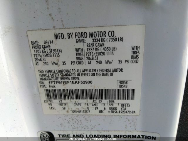 1FTFW1EF1EKF52906 Ford F-150 Xl/xlt/stx/fx4/lariat