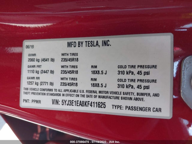 Tesla Model 3 Range 2019 5YJ3E1EA8KF411625 Image 15