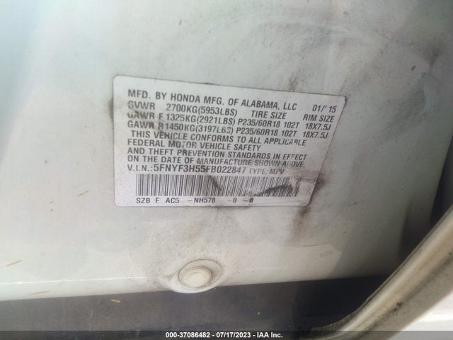 Honda Pilot Ex-l 2015 5FNYF3H55FB022847 Image 9