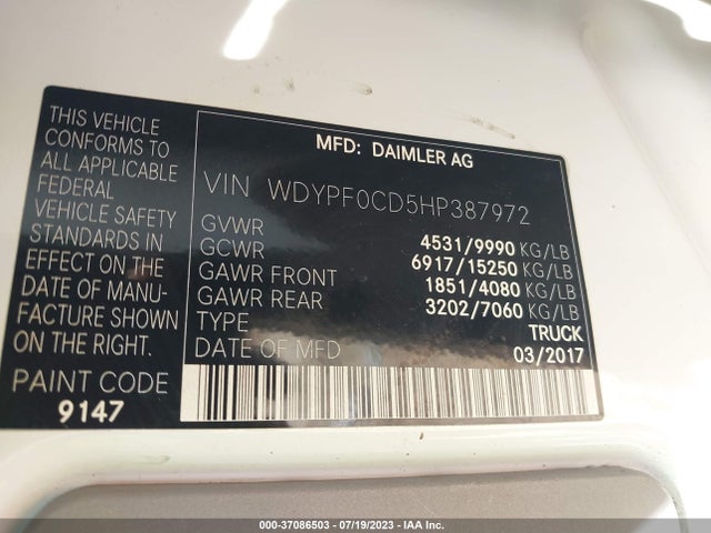 2017 Freightliner Sprinter, VIN: WDYPF0CD5HP387972