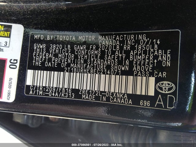 2014 TOYOTA COROLLA L/LE/S/S PLUS/LE PLUS VIN: 2T1BURHE8EC214071