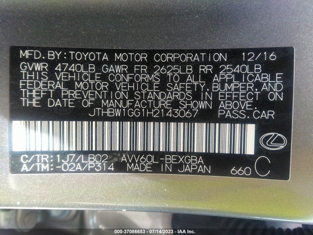 2017 Lexus ES, VIN: JTHBW1GG1H2143067