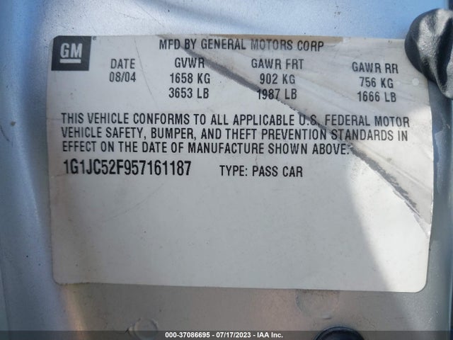 2005 CHEVROLET CAVALIER BASE VIN: 1G1JC52F957161187