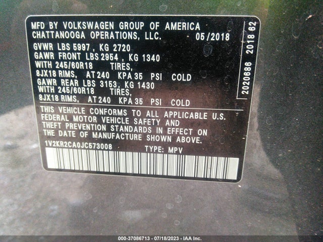 1V2KR2CA0JC573008 Volkswagen Atlas 3.6l V6 Se