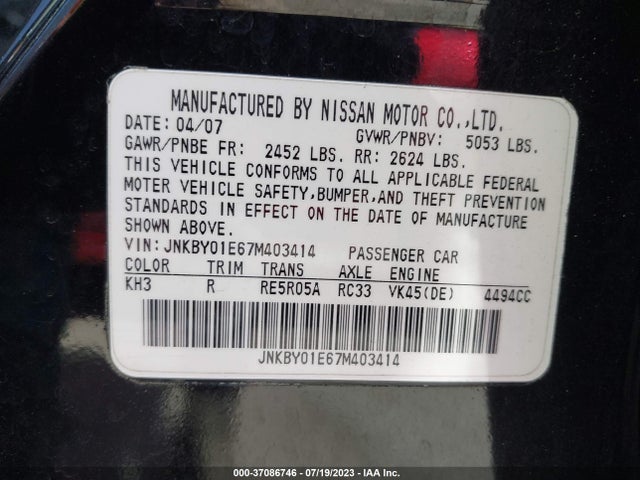 2007 INFINITI M45 SPORT VIN: JNKBY01E67M403414