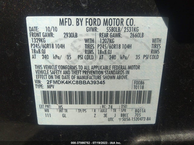 2011 FORD EDGE LIMITED VIN: 2FMDK4KC8BBA39345