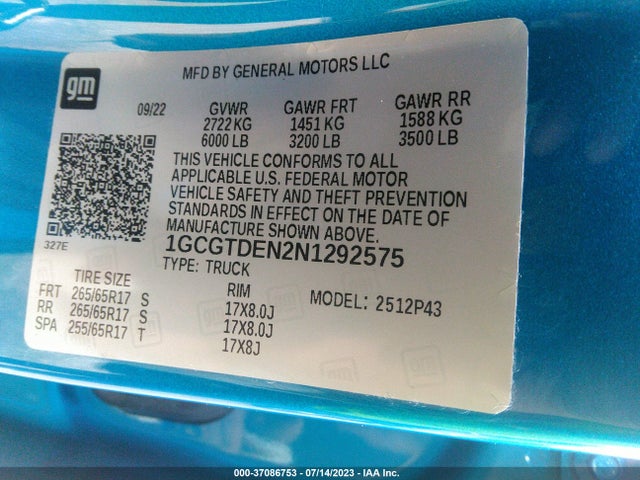 2022 CHEVROLET COLORADO 4WD Z71 VIN: 1GCGTDEN2N1292575