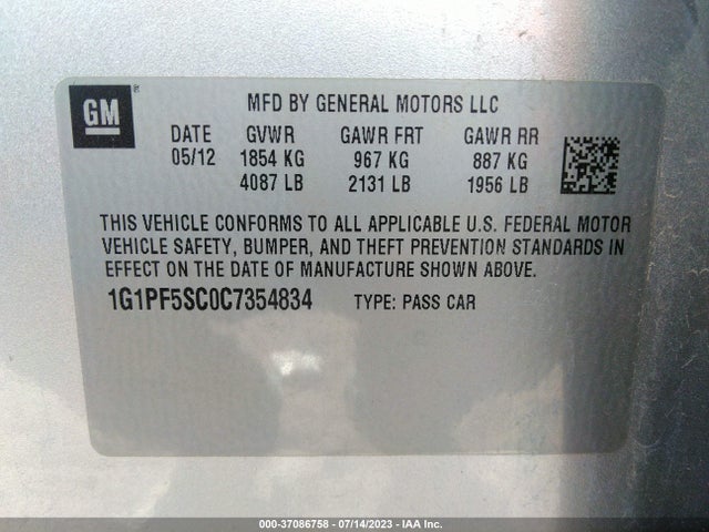2012 CHEVROLET CRUZE LT W/1LT VIN: 1G1PF5SC0C7354834