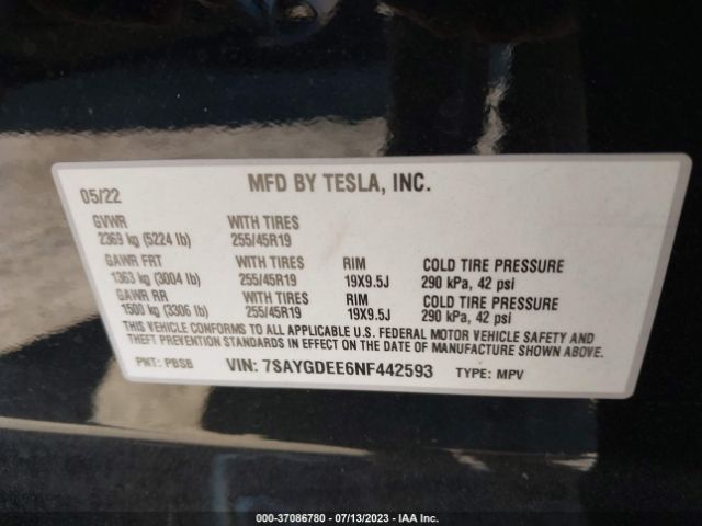 7SAYGDEE6NF442593 Tesla Model Y Long Range