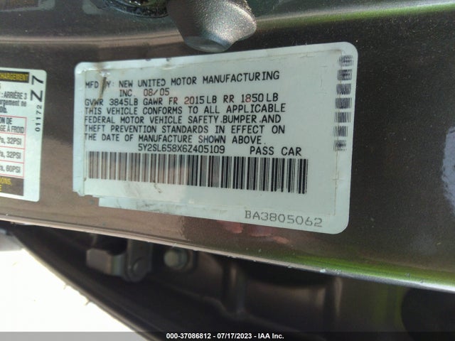 2006 PONTIAC VIBE VIN: 5Y2SL658X6Z405109