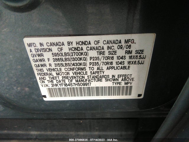 2007 HONDA PILOT EX VIN: 2HKYF18457H509917